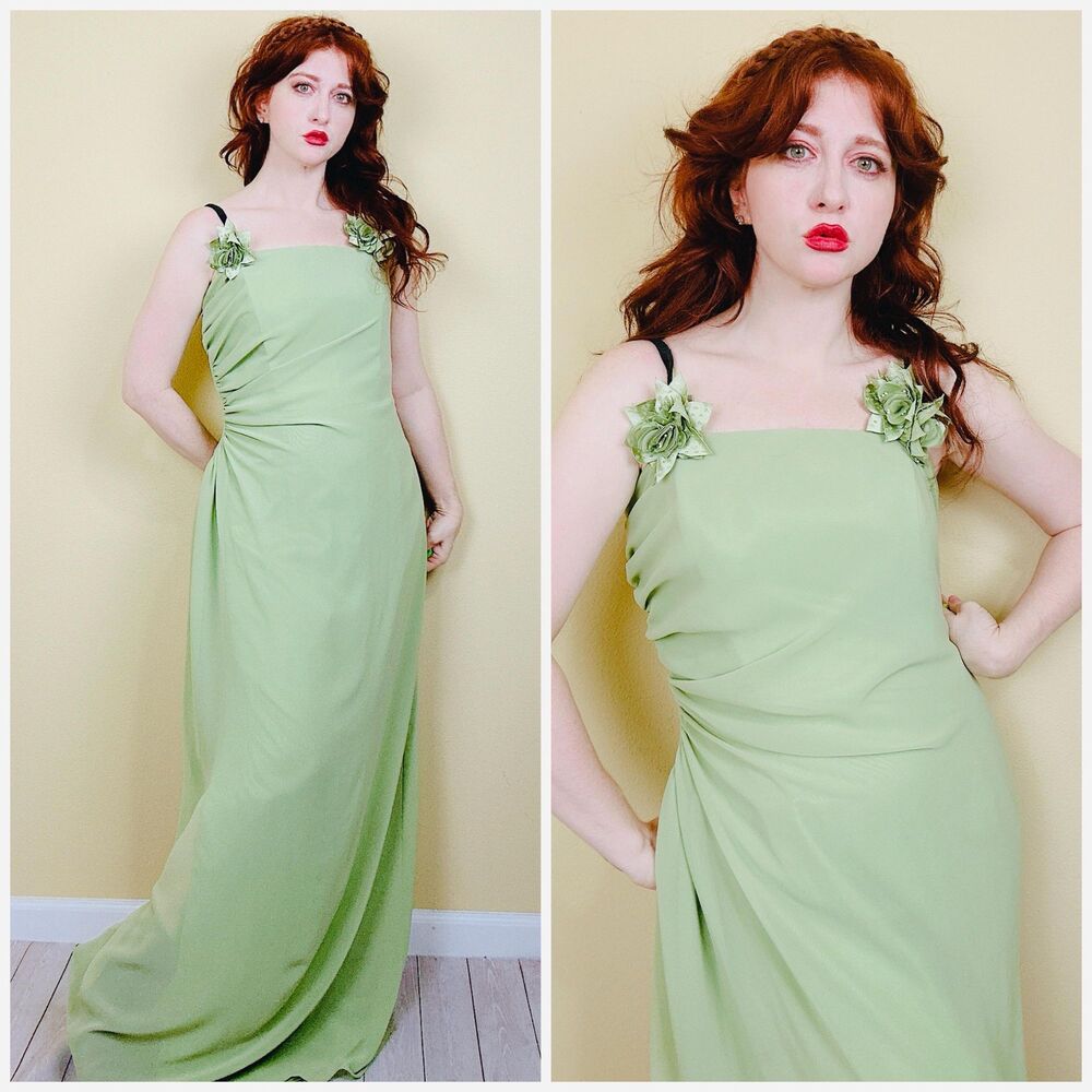 Y2K Jordan Mint Green Ruched / Vintage 3D Flower Fairy Maxi Prom Dress / Size XL